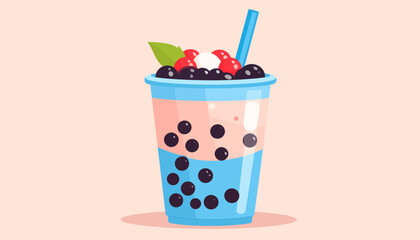Colorful Bubble Tea Illustration with Toppings and Straw.