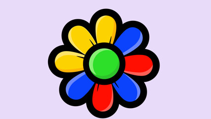 Colorful Flower with Black Outline and Green Center.