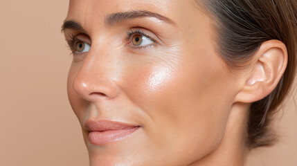 Obraz premium Oily glow reflections on nose and forehead with smooth skin texture and natural makeup on woman with brown hair and hazel eyes