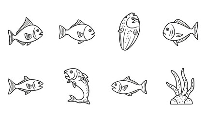 A collection of simple and stylized black and white fish illustrations and seaweed