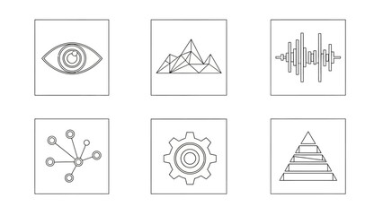 A collection of simple line art icons representing concepts like vision, networking, and analytics
