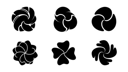 A collection of six black abstract floral or swirl graphic design elements