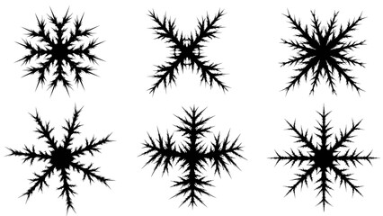 A collection of six distinct black snowflake silhouettes on a white background