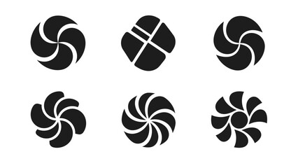 A collection of six stylized black abstract circular and petal-like icons arranged in two rows