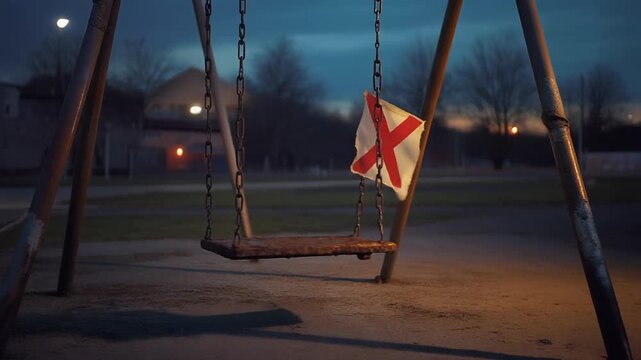 A swing set with a flag hangs empty in a dimly lit playground at dusk.