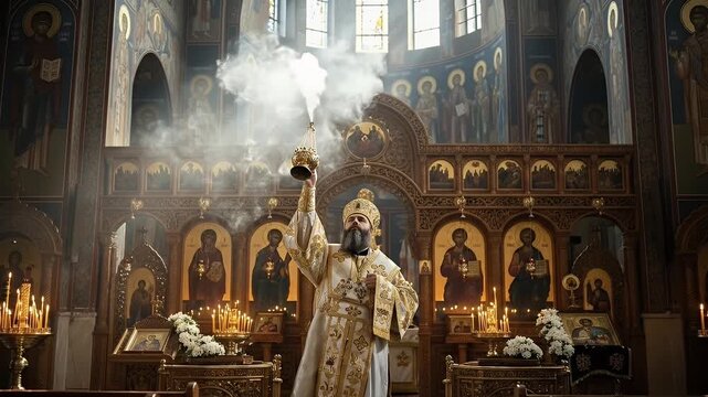 Orthodox Priest Censes Church with Incense Smoke Dramatic Lighting