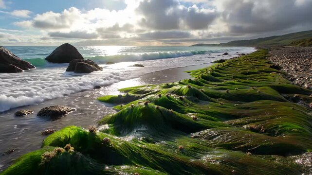 Seaside reefs and seaweed natural scenery