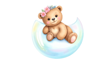 A cuddly teddy bear with a floral crown, lounging on a crescent-shaped soap bubble