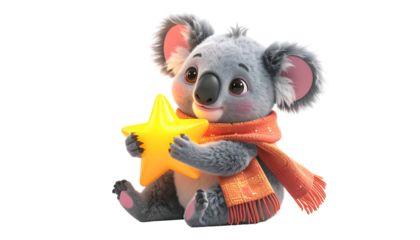 Cartoon koala, sitting, holding a star, wearing scarf, with rosy cheeks, bright eyes