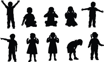 Children silhouette pose set flat vector illustration, kids standing sitting gestures collection isolated black white design for education concept use