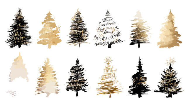 Eine Sammlung von stilisierten Weihnachtsb&auml;umen in Schwarz und Gold, handgezeichnet im Aquarell-Stil, ideal f&uuml;r festliche Designs auf transparentem Hintergrund.