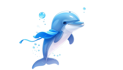 Cartoon dolphin smiling and swimming, with bubbles, on a transparent background