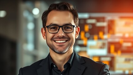 Fototapeta premium Business professional with a positive expression against an abstract digital interface in studio lighting.