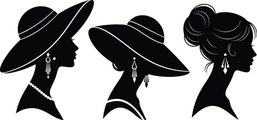 Elegant women silhouette vector illustration featuring vintage fashion profiles, stylish hats, jewelry details, black and white minimalist design for beauty and fashion branding