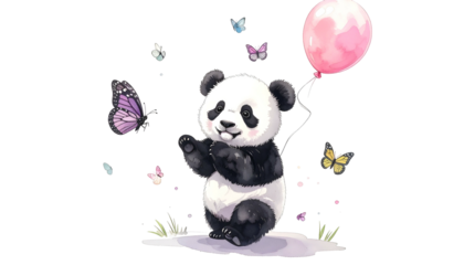 A charming panda with a pink balloon surrounded by fluttering butterflies