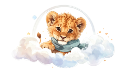 Adorable baby lion cub wearing a scarf, emerging from fluffy clouds under a soft rainbow