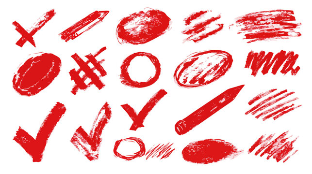 Handgezeichnete rote Kritzeleien, H&auml;kchen, Kreuze und Kreise als vielseitige Designelemente mit Grunge-Textur, isoliert und transparent.