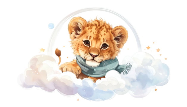 Adorable baby lion cub wearing a scarf, emerging from fluffy clouds under a soft rainbow - Powered by Adobe