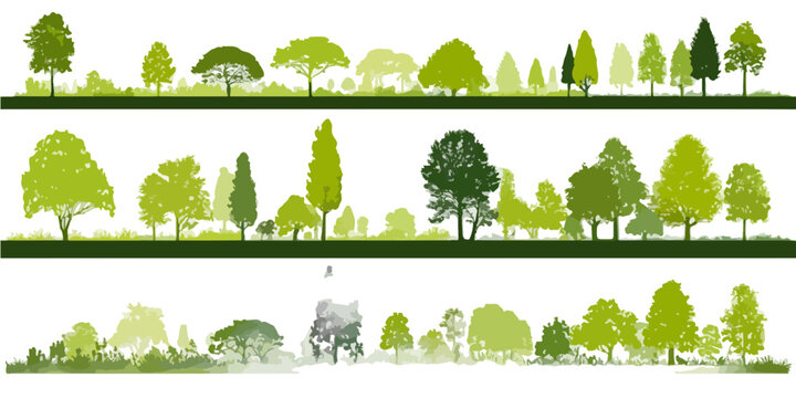 Drei horizontale Reihen gr&uuml;ner Baum- und Waldsilhouetten, darunter ein transparentes Wildtier, symbolisieren Natur und Wachstum.