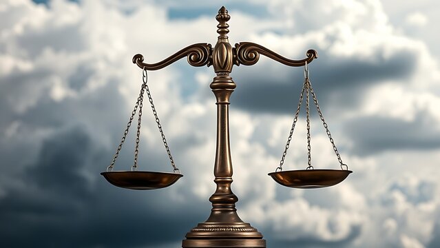 Bronze justice scales against a cloudy sky, embodying fairness and legal principles.