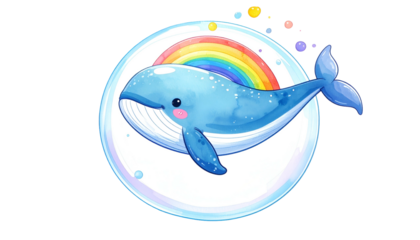A smiling, cartoon blue whale with a rainbow inside a bubble on a black background