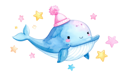 A watercolor-style illustration of a happy cartoon whale wearing a pink hat surrounded by stars