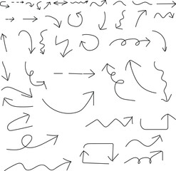Fototapeta premium Hand Drawn Arrows Set, Doodle Directional Arrow Icons, Curved & Dashed Vector