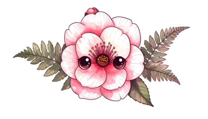 A cartoonish flower with a face, light pink petals, and green fern leaves