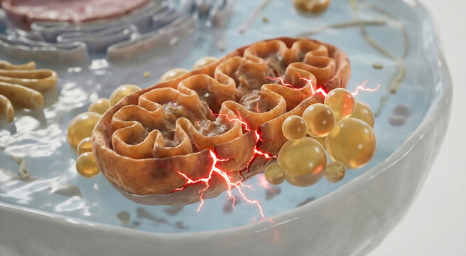 Lipotoxicity and Oxidative Stress Damaging Mitochondria in Liver Cells (3D Render)