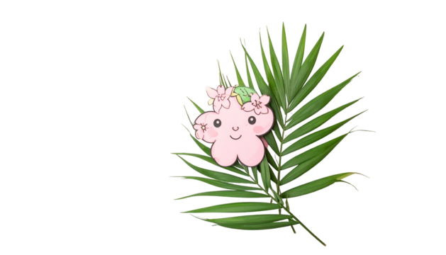 A smiling pink cloud with a floral crown, resting on a bright green palm leaf - Powered by Adobe