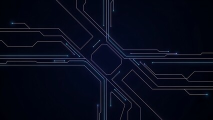 Futuristic circuit board design with glowing blue lines and dots on dark background