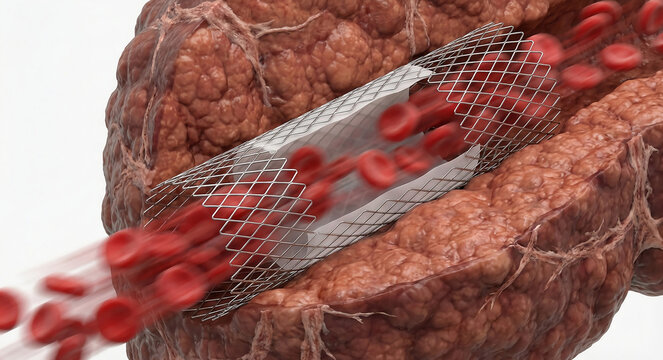 Cross-section of TIPS Stent in Cirrhotic Liver: Nitinol Mesh with PTFE Graft Facilitating High-Velocity Blood Flow to Relieve Portal Hypertension.