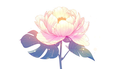 Digitally painted, luminous peony blossom with delicate petals and monstera leaves