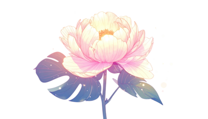 Digitally painted, luminous peony blossom with delicate petals and monstera leaves
