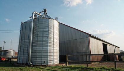 Obraz premium Silo is a tall storage structure used to store bulk grains safely. It protects the grain from pests, moisture, and weather, ensuring quality and preventing spoilage over time.