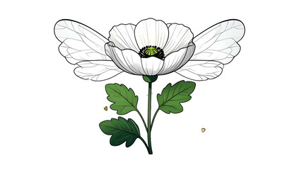 Whimsical illustration of a white flower with insect-like wings on a black background