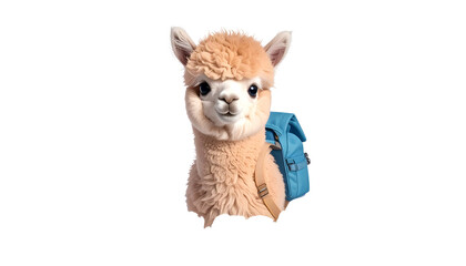 A fluffy, friendly llama with a blue backpack looks directly at the viewer