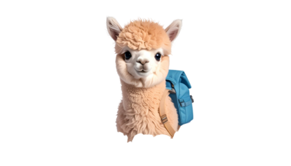 A fluffy, friendly llama with a blue backpack looks directly at the viewer