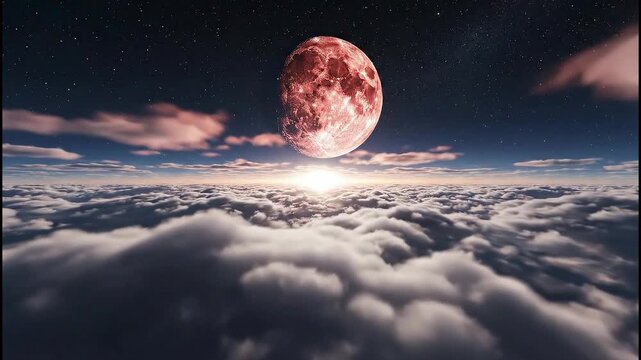 Glowing full moon above endless clouds, gentle flight motion, moonlight illuminating horizon, calm night sky, seamless looping, dreamy atmosphere