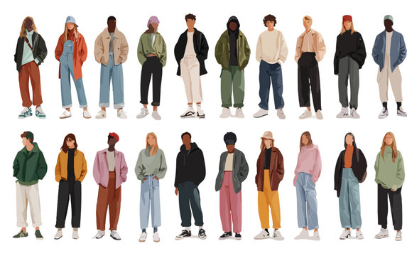 Colecci&oacute;n de j&oacute;venes diversos de pie con ropa casual y de calle, aislados en un fondo transparente para proyectos de dise&ntilde;o gr&aacute;fico.