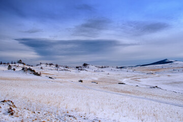 Tazhenranskaya steppe in winter on west coast of Lake Baikal, Siberia