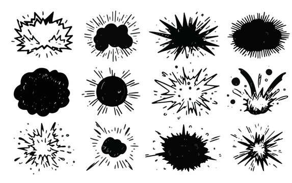 Colecci&oacute;n de explosiones y estallidos dibujados a mano estilo grunge, elementos gr&aacute;ficos monocrom&aacute;ticos para dise&ntilde;o web y publicidad.