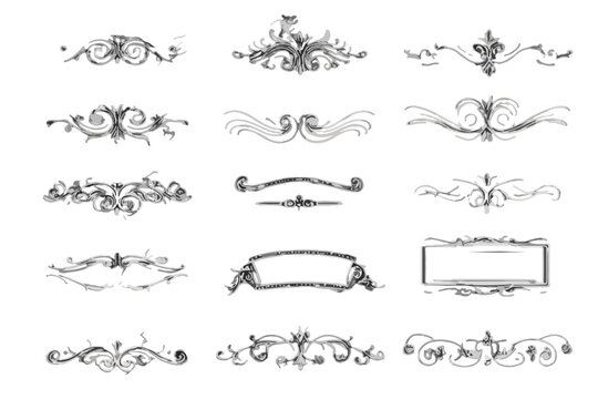 Colecci&oacute;n de elegantes divisores y marcos decorativos vintage dibujados a mano, perfectos para dise&ntilde;o gr&aacute;fico y elementos transparentes.