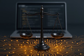 Digital Justice and Equilibrium: A symbolic representation of legal principles in the digital age, a finely balanced scale rests atop a network of circuits.