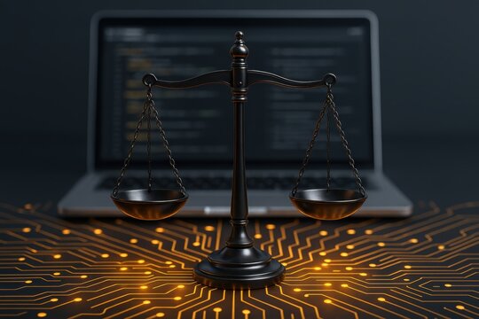 Digital Justice and Equilibrium: A symbolic representation of legal principles in the digital age, a finely balanced scale rests atop a network of circuits.