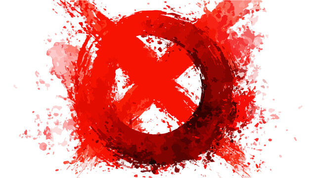 S&iacute;mbolo de prohibici&oacute;n o error con una 'X' roja y c&iacute;rculo en estilo grunge acuarela, ideal para dise&ntilde;os impactantes con fondo transparente.