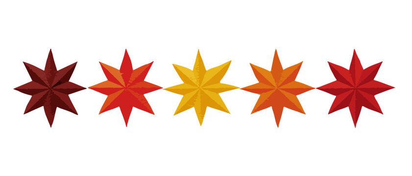 Cinque stelle a otto punte con un gradiente di colori autunnali, dal rosso scuro al giallo, perfette come elemento grafico trasparente per valutazioni o decorazioni.