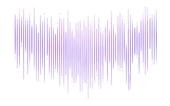 Modello astratto di linee verticali viola trasparenti che creano un'onda sonora digitale su sfondo bianco, ideale per design tecnologici e moderni.
