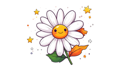 Cartoon daisy with smiling face, petals, stem, leaves, stars, and speckles on black