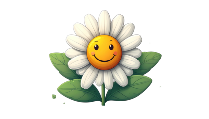 Cartoon daisy with smiling face, white petals, yellow center, green leaves, and stem